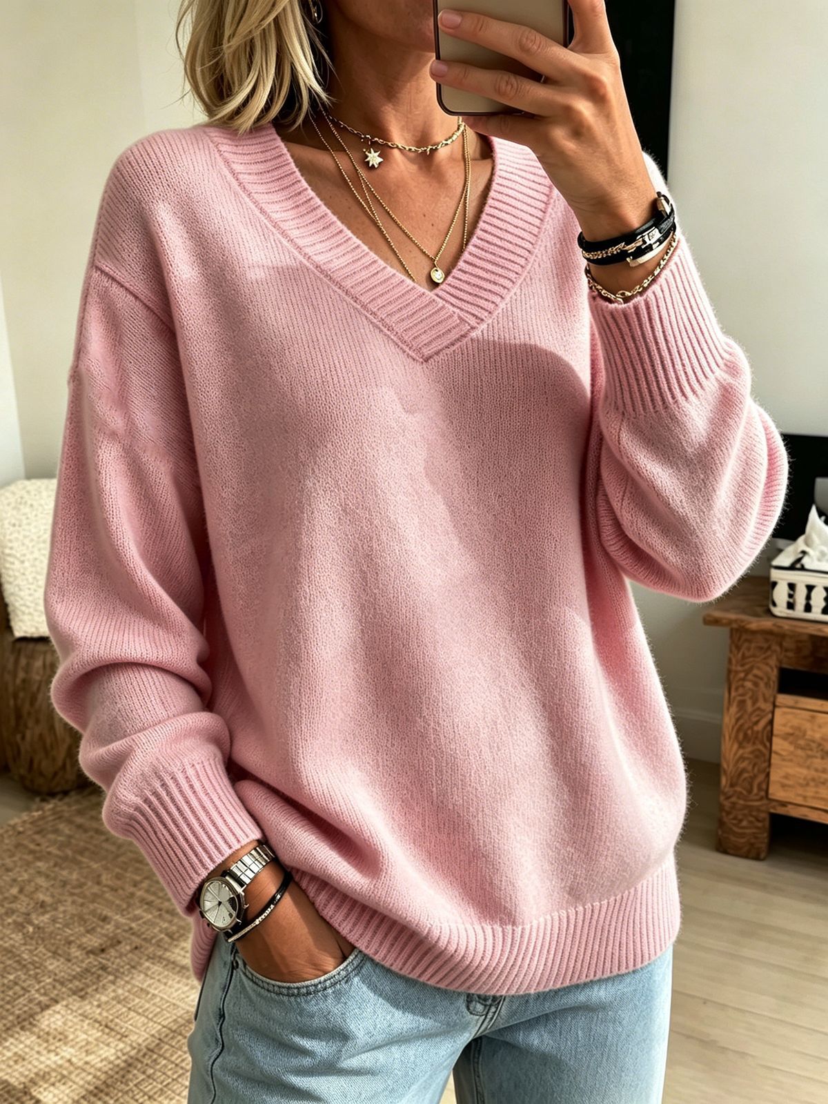 Relaxed V-Neck Long Sleeve Knit Sweater