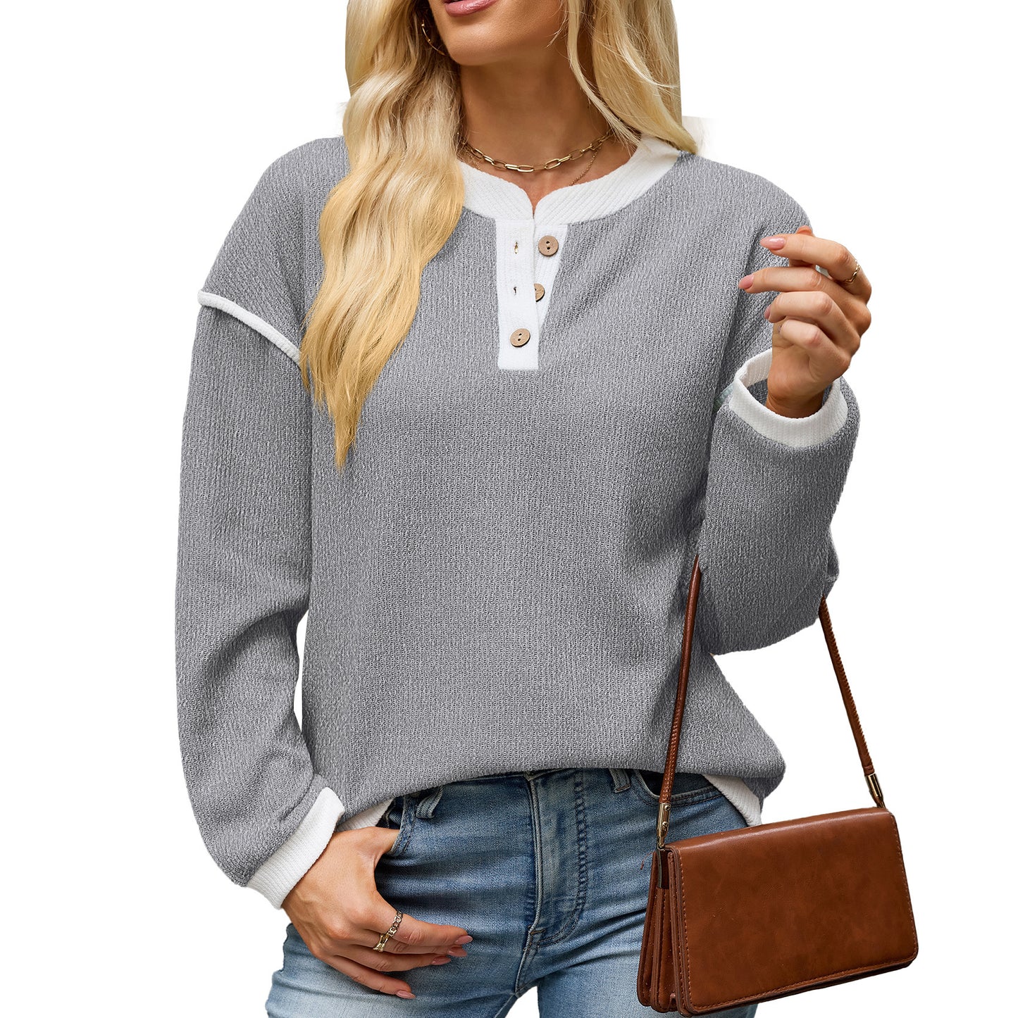 Contrast Trim Henley Knit Long Sleeve Top
