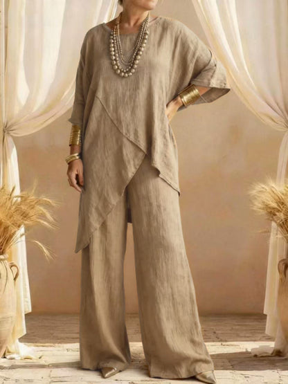 Linen Asymmetric Overlap Top & Wide Leg Pants Two Piece Set