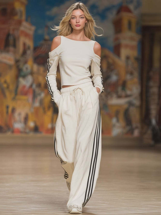 Cold Shoulder Striped Long Sleeve Top & Wide Leg Pants Two Piece Set