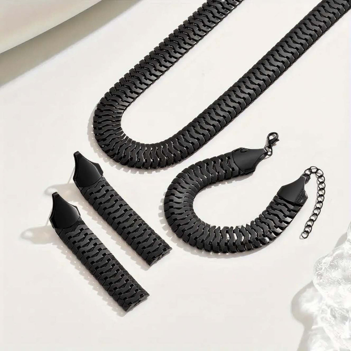 Wide Snake Scale Herringbone Jewelry 3-Piece Set Necklace Bracelet Drop Earrings - Black
