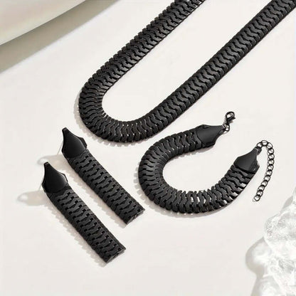 Wide Snake Scale Herringbone Jewelry 3-Piece Set Necklace Bracelet Drop Earrings - Black
