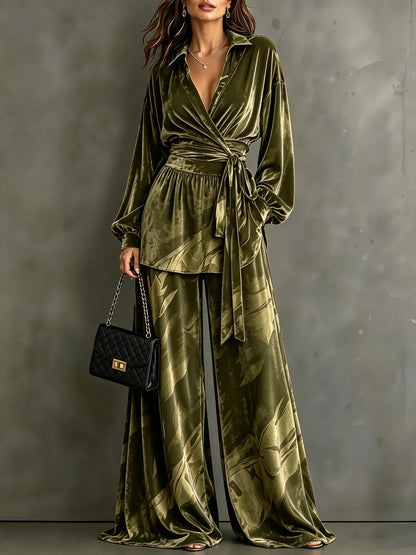Velvet Wrap Blouse & Wide-Leg Pant Set – Printed Two-Piece
