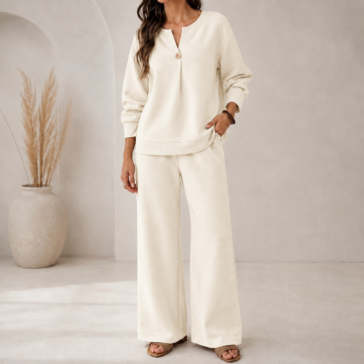 Fashion Loose Long-Sleeved Tops Wide-Leg Pants Casual Two-Piece Set For Women
