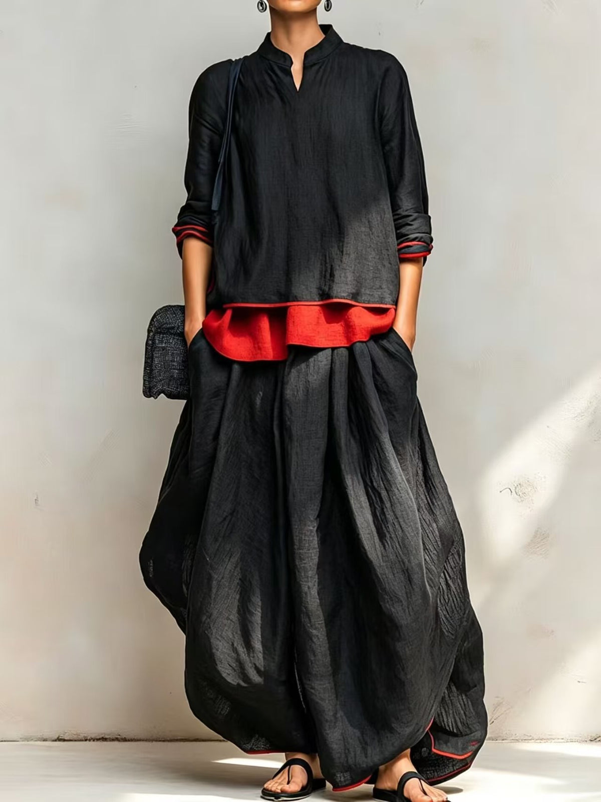 Women's Linen Two Piece Set Stand Collar Long Sleeve Top & Wide Leg Maxi Pants