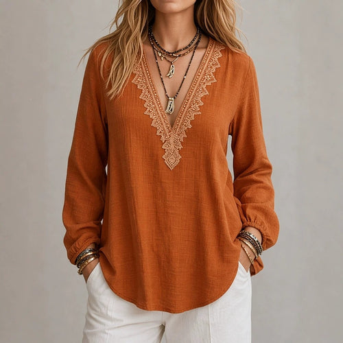 Embroidered V-Neck Blouse – Soft Textured Long Sleeve Top