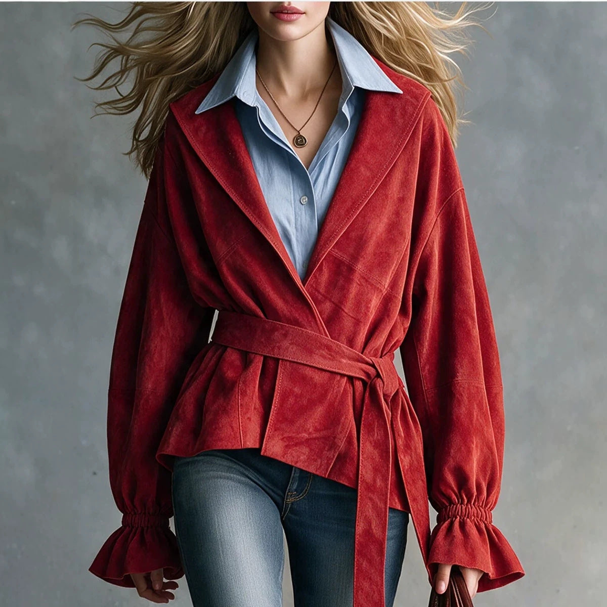 Women Red Wrap Belted Suede Jacket Lapel Flare Long Sleeve Casual Outerwear