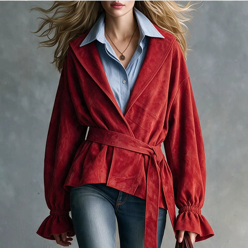 Women Red Wrap Belted Suede Jacket Lapel Flare Long Sleeve Casual Outerwear