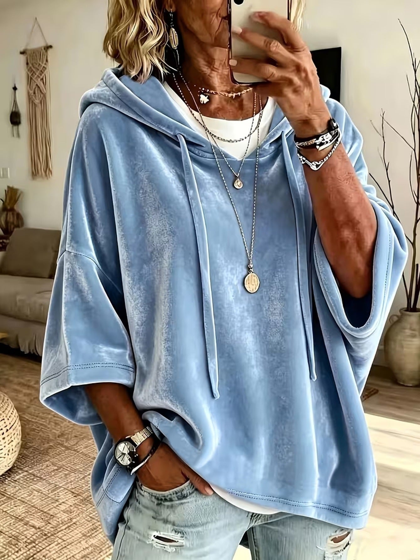 Velvet Drawstring Hooded Three-Quarter Sleeve Top