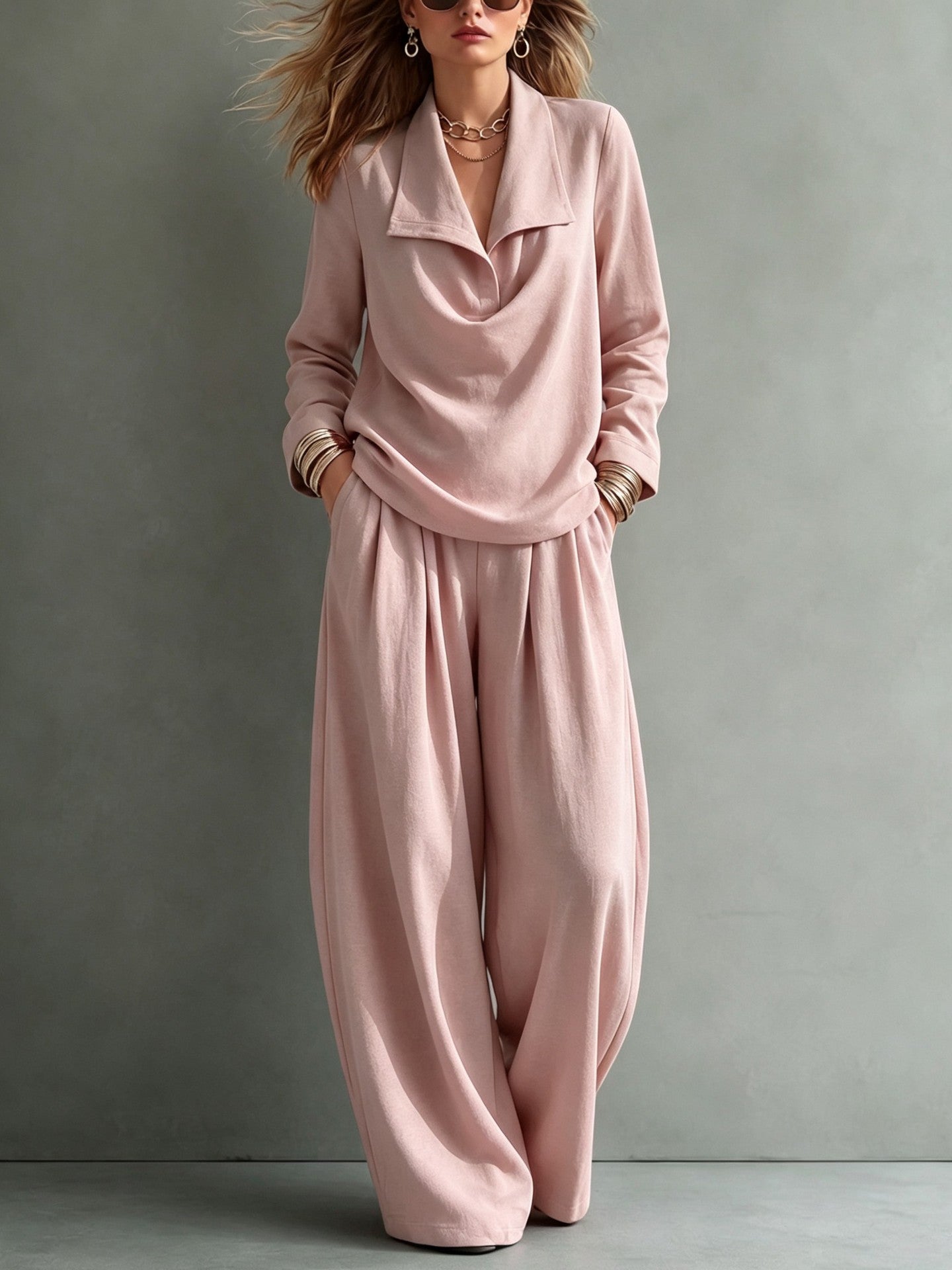 Draped Lapel Casual Matching Two Piece Set