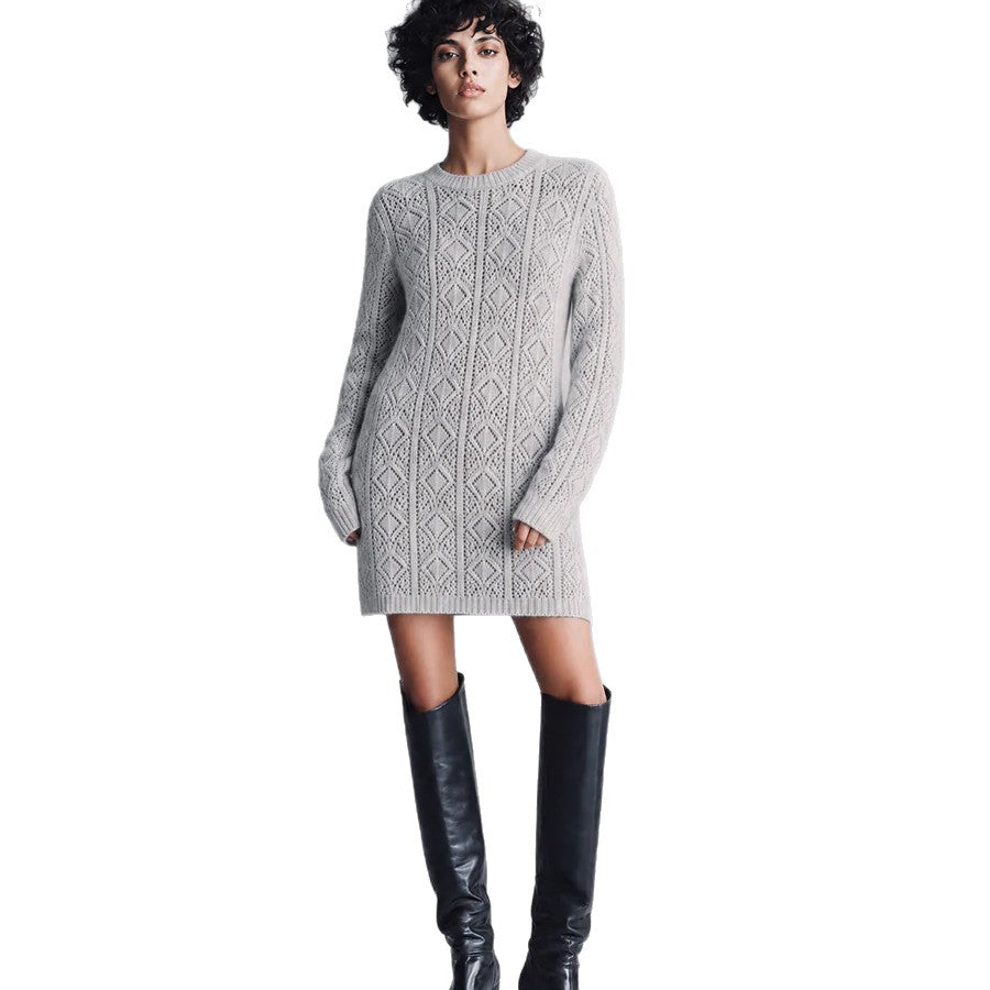 Cable Knit Crew Neck Long Sleeve Mini Sweater Dress