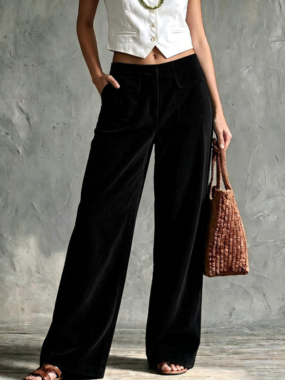 Women's Solid Ribbed Front Patch Pocket High Waist Wide Leg Long Pants