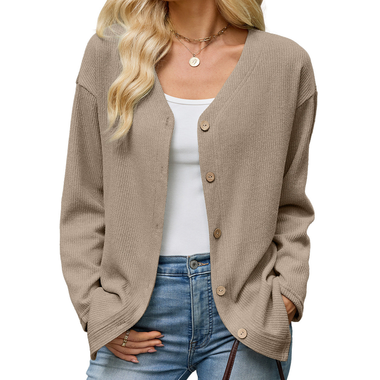 Button Front V-Neck Knit Cardigan