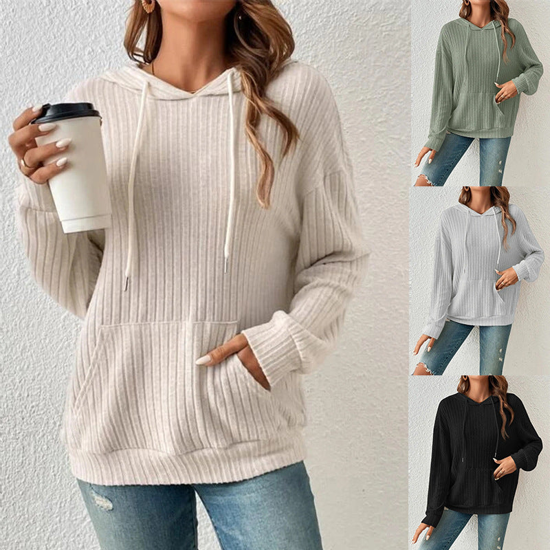 Ribbed Knit Casual Hoodie Top