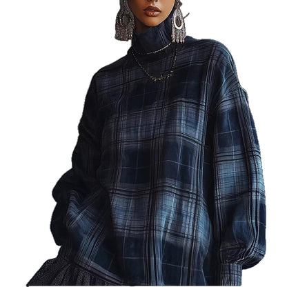 Women's Turtleneck Plaid Long Sleeve Ruffle Hem Tunic Dress