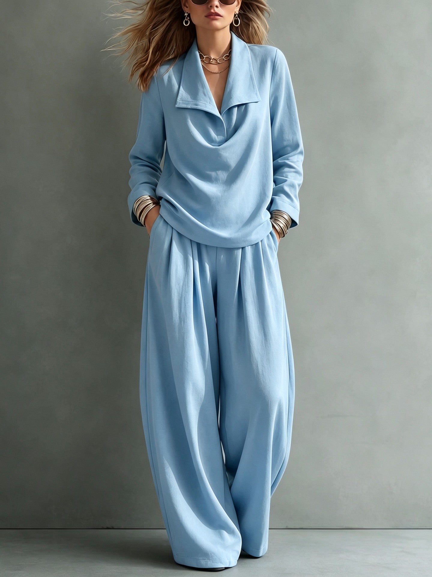Draped Lapel Casual Matching Two Piece Set