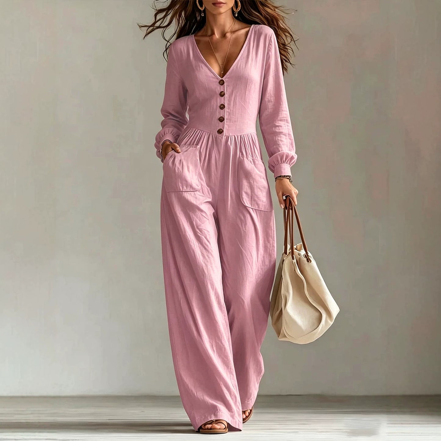 V-Neck Button Front Wide Leg Jumpsuit