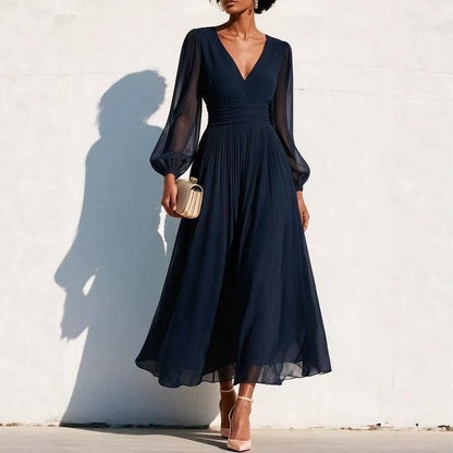 Pleated Chiffon Midi Dress with Balloon Sleeves