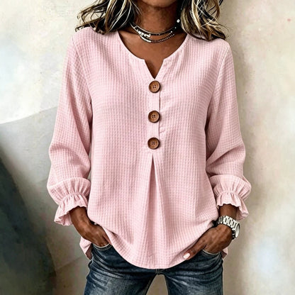 Textured Waffle Knit V-Neck Button Blouse