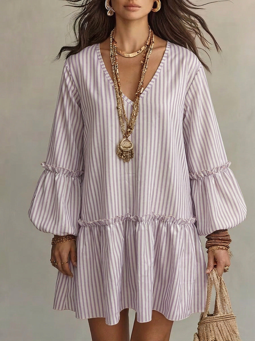 Striped V-Neck Ruffle Hem Mini Dress