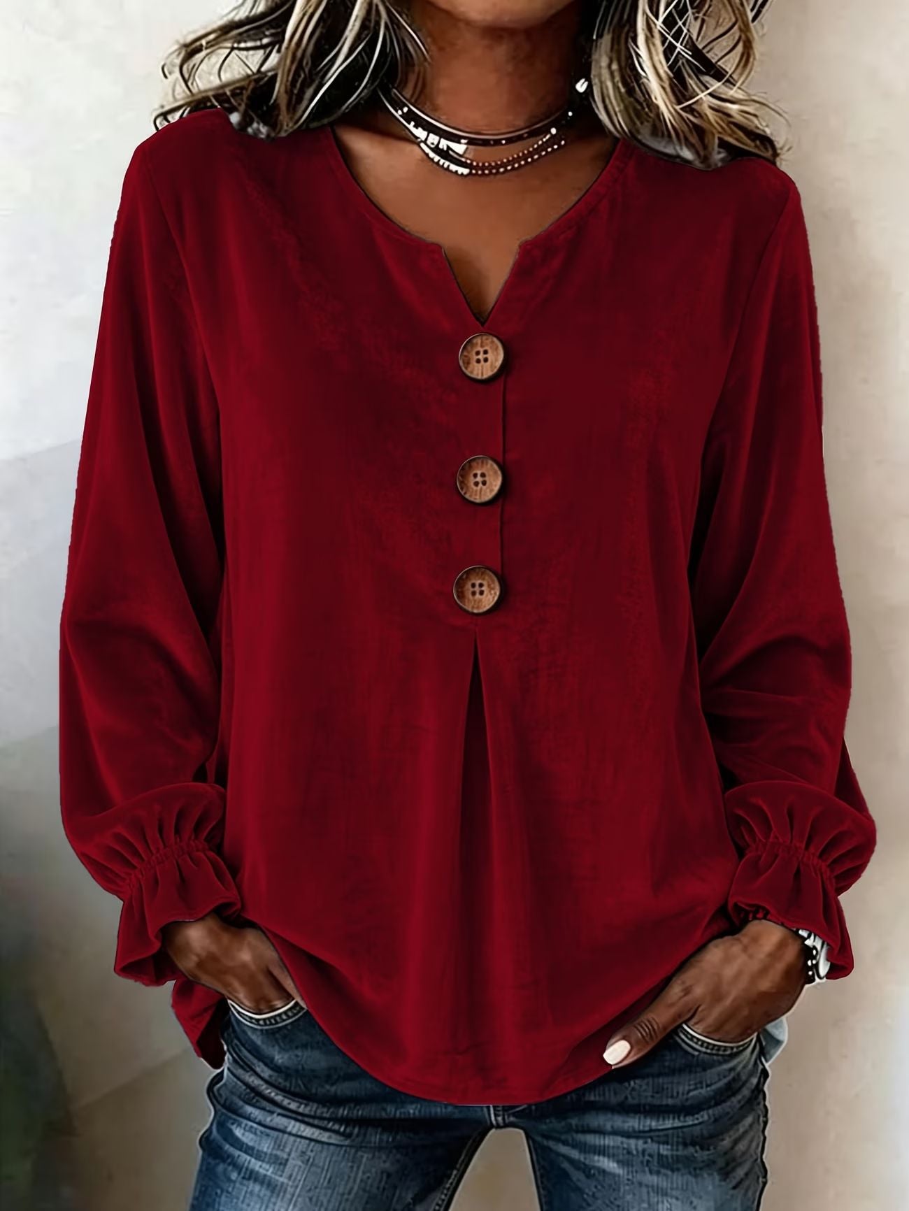 Notch V Neck Wooden Button Pleated Front Puff Cuff Long Sleeve Blouse