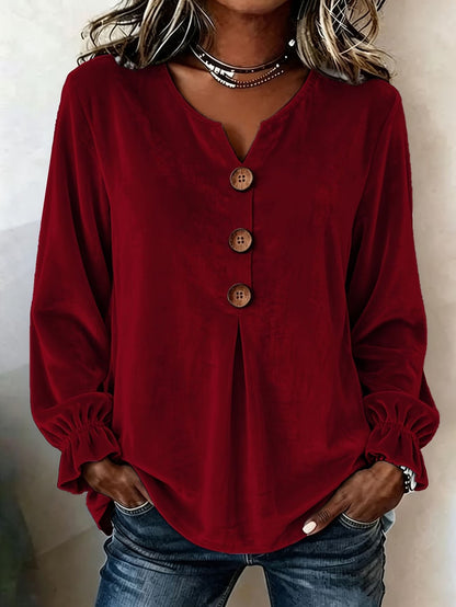 Notch V Neck Wooden Button Pleated Front Puff Cuff Long Sleeve Blouse
