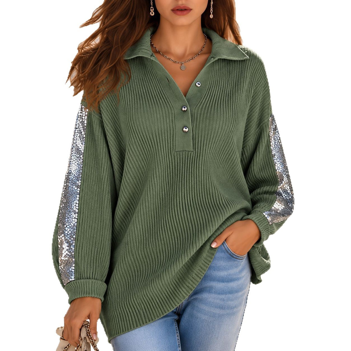 Ribbed Knit Polo Top with Sequin Sleeves
