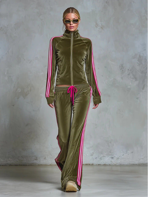 Women’s Striped Side Zip Up Velvet Tracksuit 2 Piece Outfit