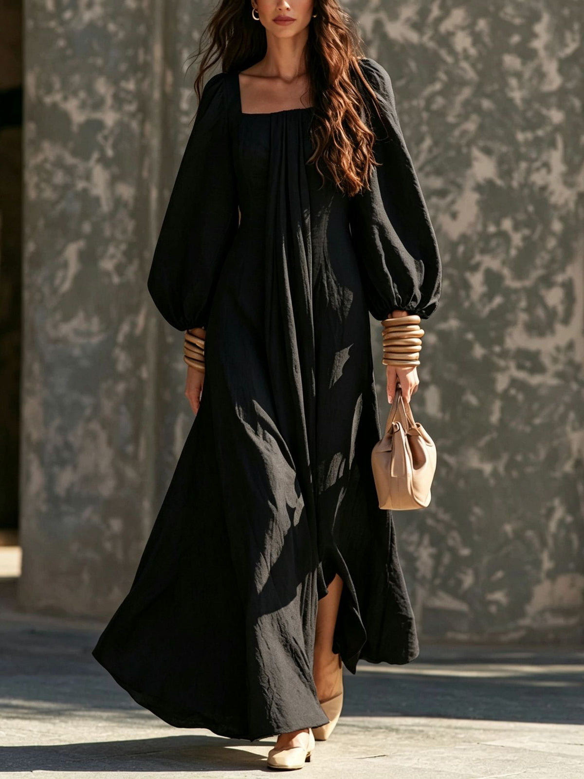 Square Neck Puff Long Sleeve Flowy Maxi Dress