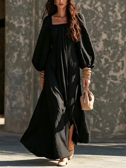 Square Neck Puff Long Sleeve Flowy Maxi Dress