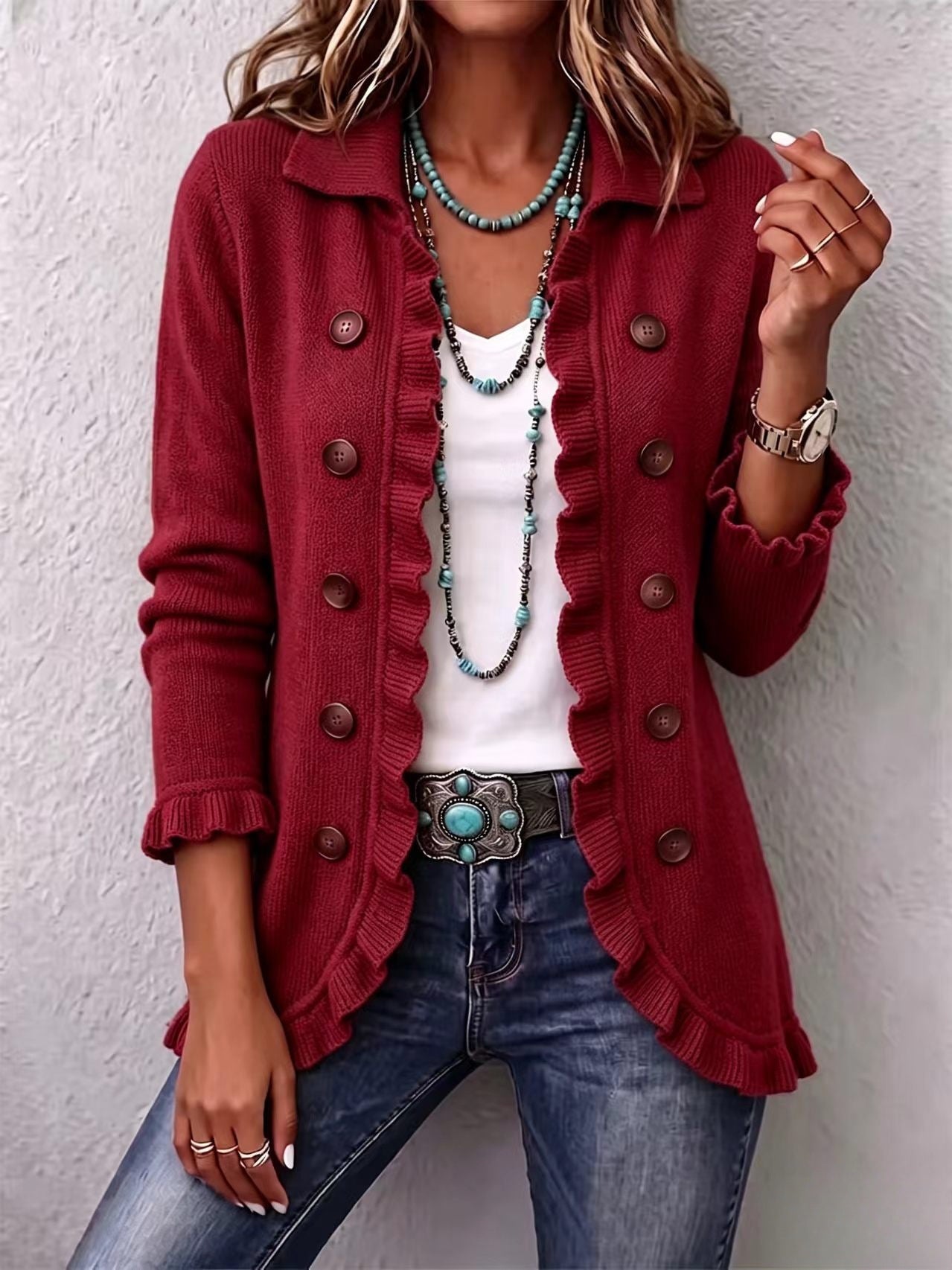 Women's Turquoise Ruffled Knit Cardigan Long Sleeve Button-Down Casual Jacket