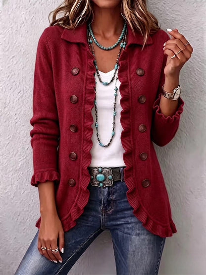 Women's Turquoise Ruffled Knit Cardigan Long Sleeve Button-Down Casual Jacket