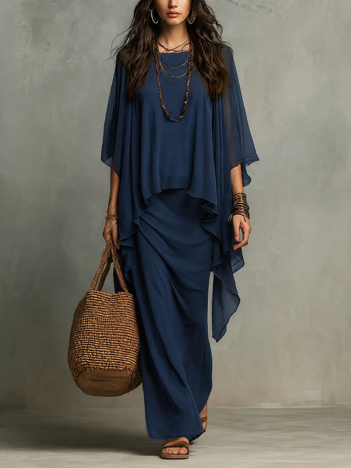 Flowy Linen Blend Poncho Top & Skirt Set