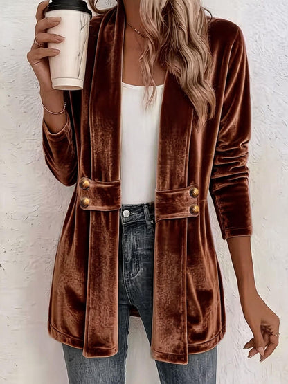 Women's Velvet Open Front Long Sleeve Mid Length Blazer Cardigan with Button Decor