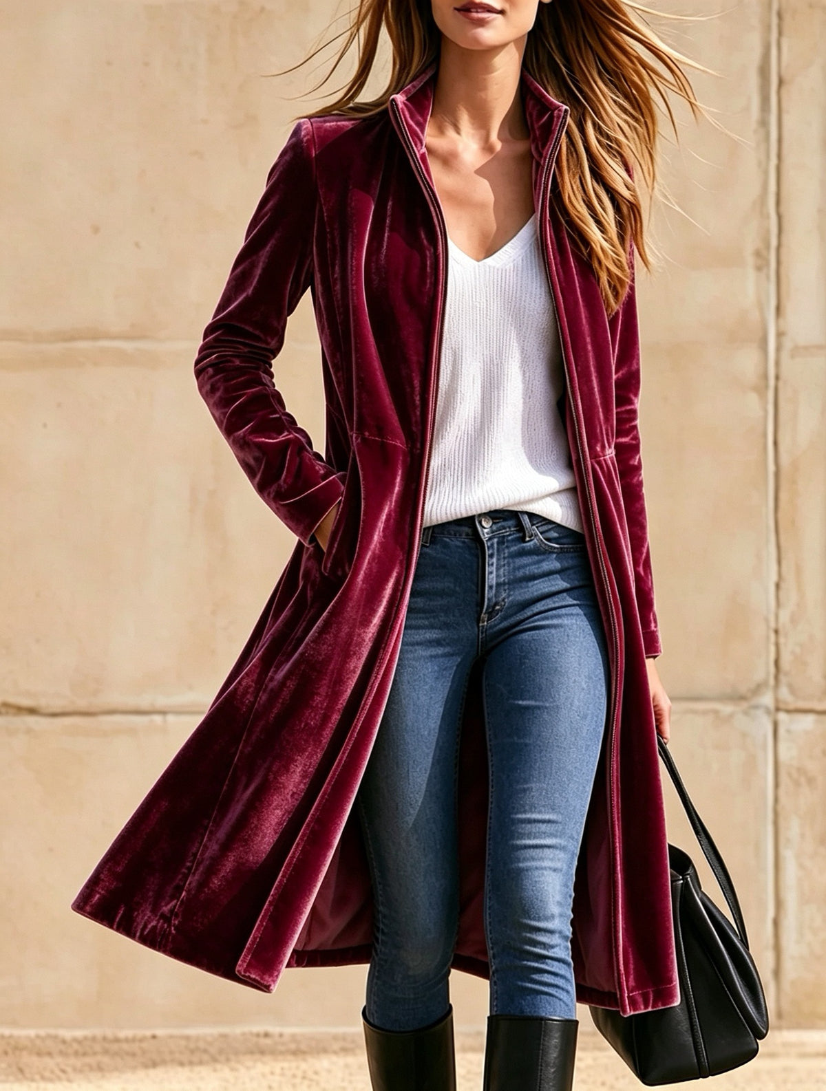 Velvet Zip-Up Longline Coat