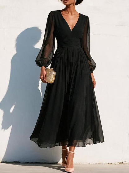 Pleated Chiffon Midi Dress with Balloon Sleeves