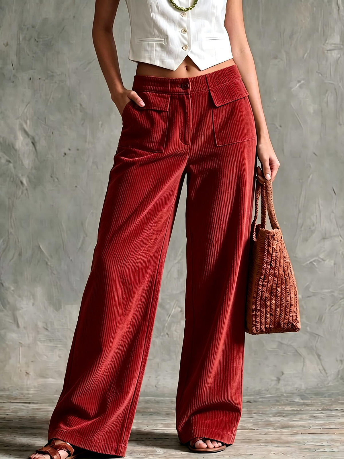 Women's Solid Ribbed Front Patch Pocket High Waist Wide Leg Long Pants