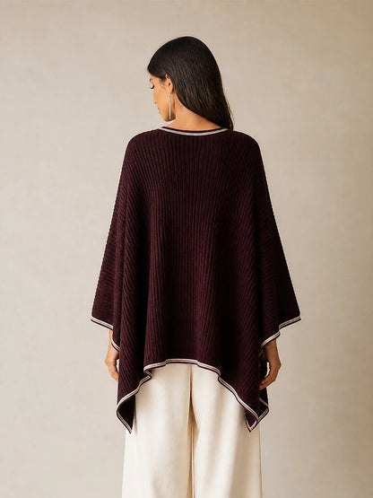 Ribbed Knit Poncho & Wide Leg Pants Two Piece Set