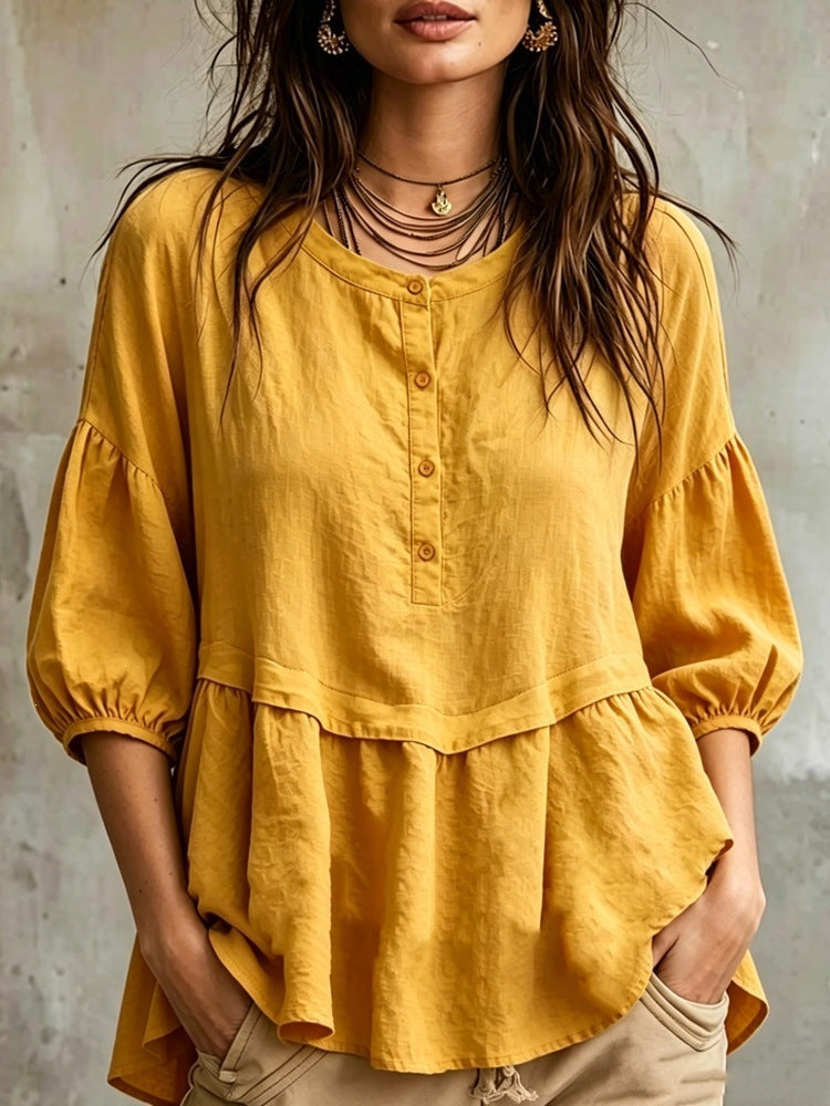 Peplum Balloon Sleeve Blouse – Soft Linen-Blend Casual Top