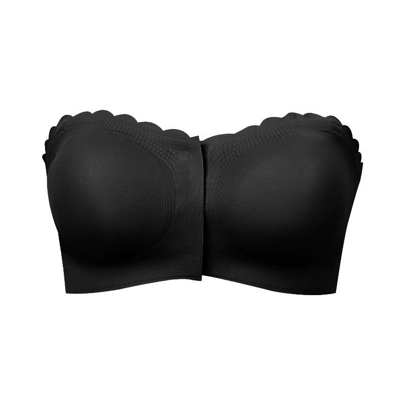 Hugmecurve® Womens Strapless Bra Non-Slip Padded Bandeau Bras Front Closure Bras for Women Wavy Trim Seamless Tube Top Bralette