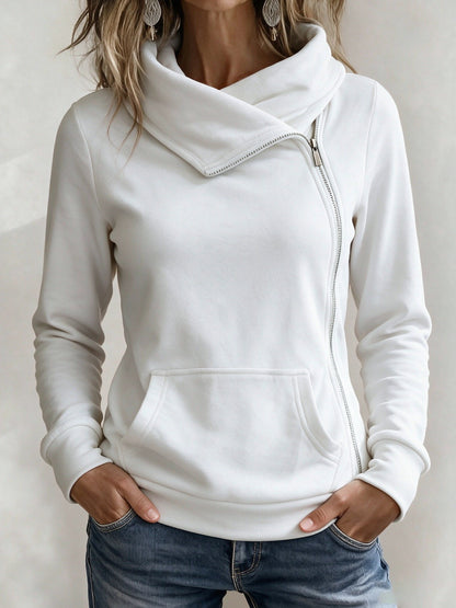 Draped Neck Zip Hoodie with Pocket