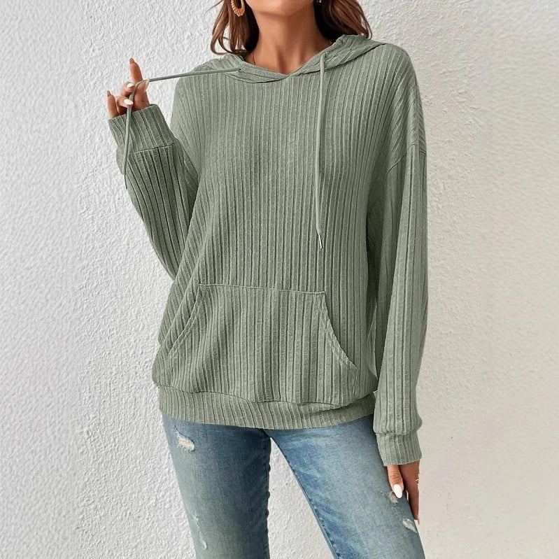 Ribbed Knit Casual Hoodie Top