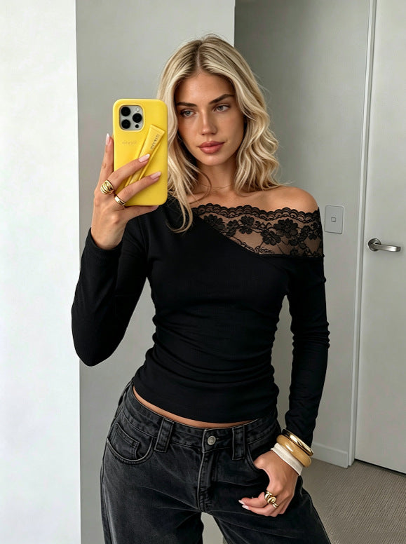 Stylish And Elegant Off-shoulder Knit Top With Lace Detailing