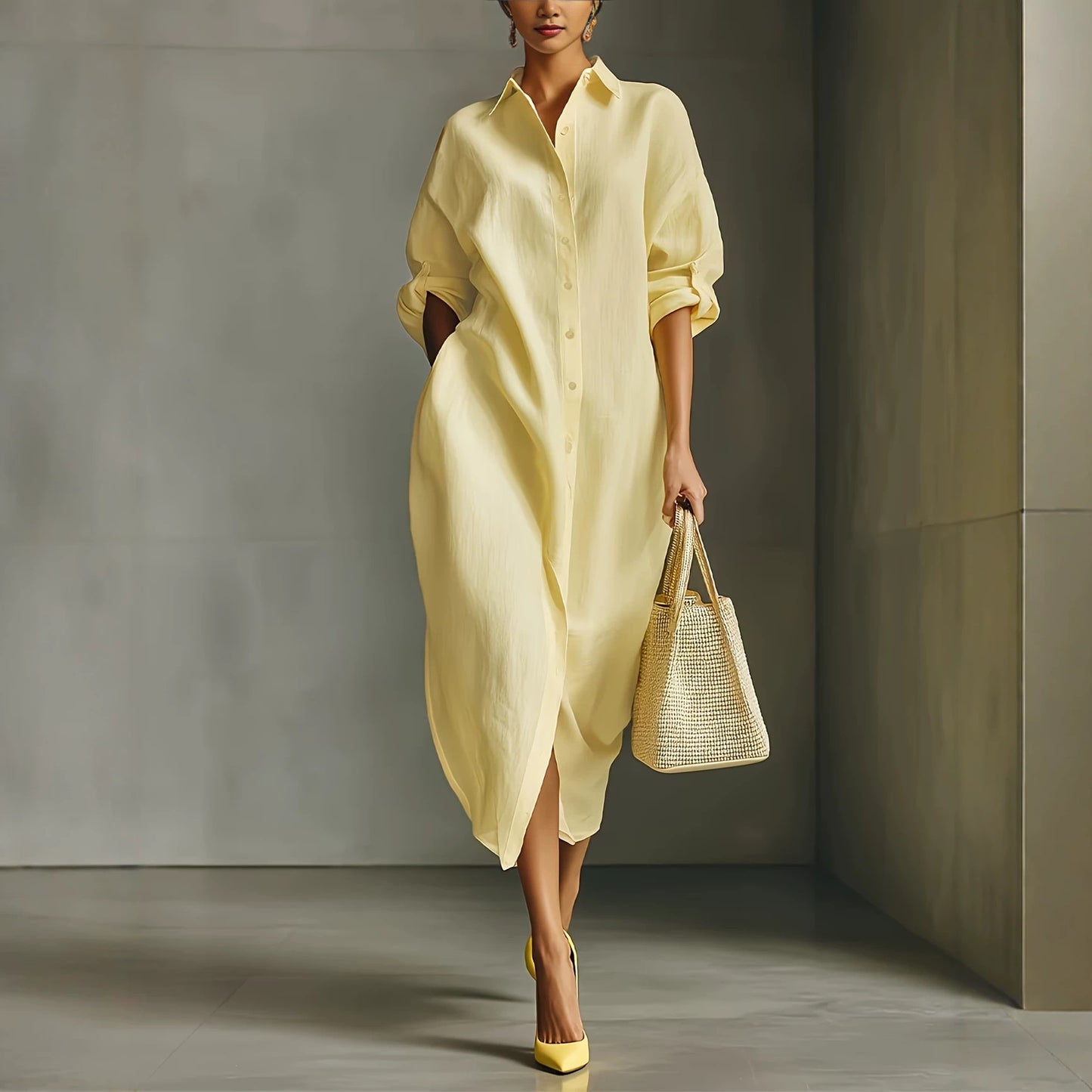 Oversized Linen Blend Midi Shirt Dress