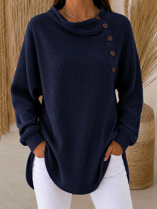 Waffle Knit Cowl Neck Top – Soft Textured Long Sleeve Tunic