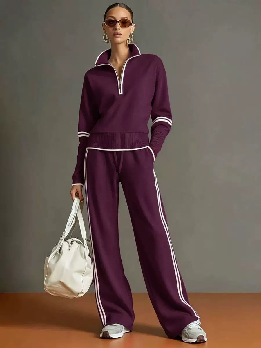 Casual Sports Suit Contrasting Color Stand-Up Collar Sweatshirt Wide-Leg Pants Suit