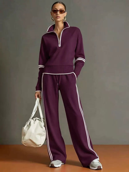 Casual Sports Suit Contrasting Color Stand-Up Collar Sweatshirt Wide-Leg Pants Suit