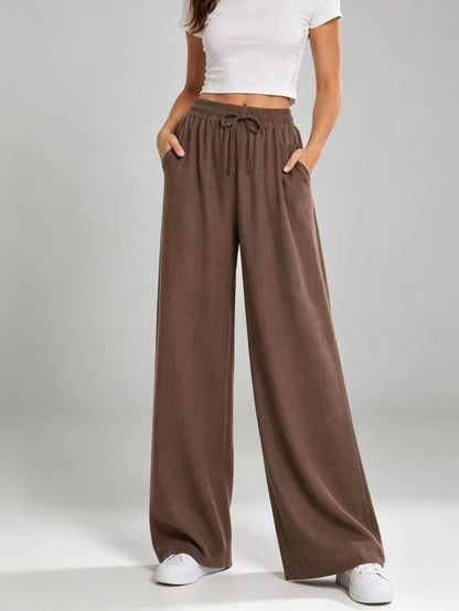 Women's Solid Drawstring Elastic Waist Wide Leg Flowy Long Pants with Pockets