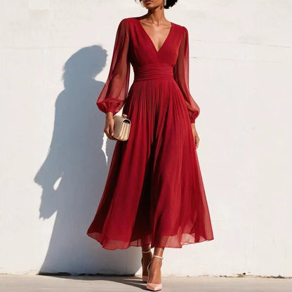 Pleated Chiffon Midi Dress with Balloon Sleeves