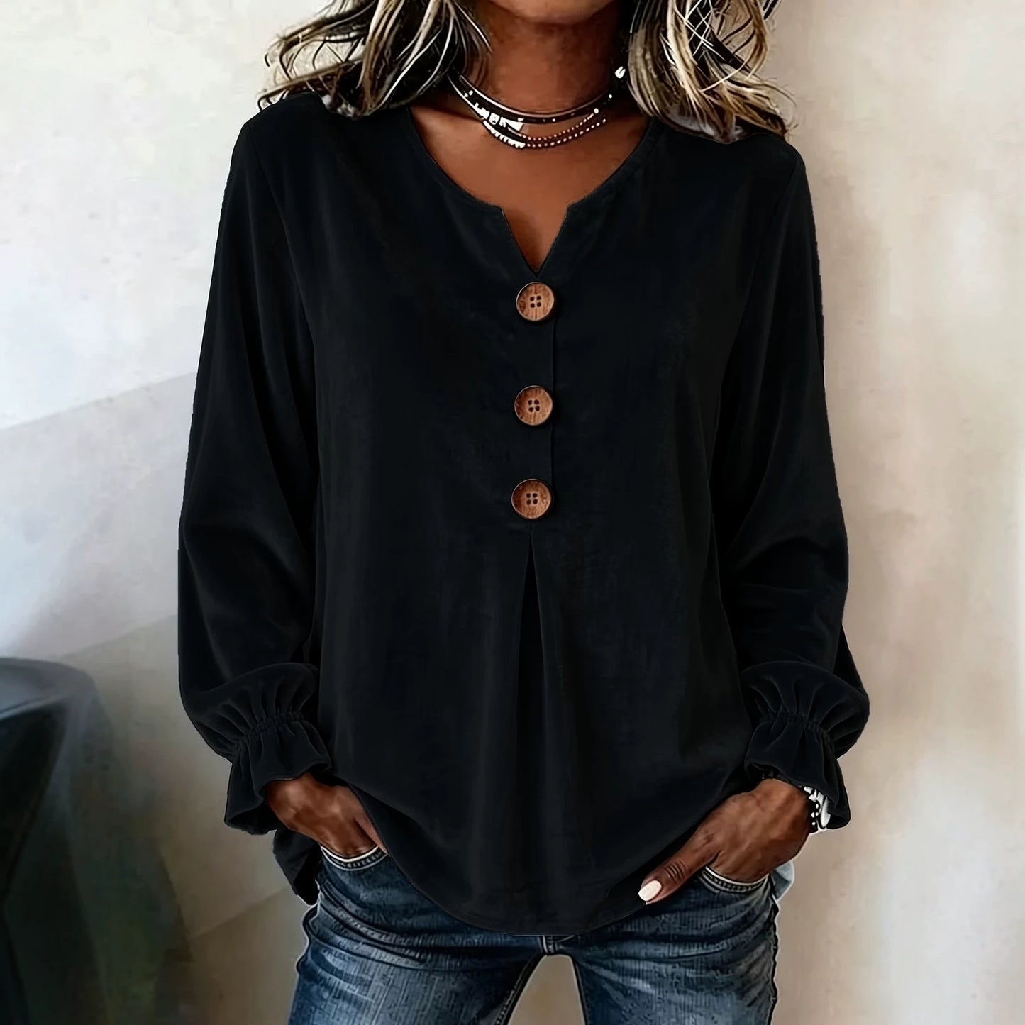 Notch V Neck Wooden Button Pleated Front Puff Cuff Long Sleeve Blouse